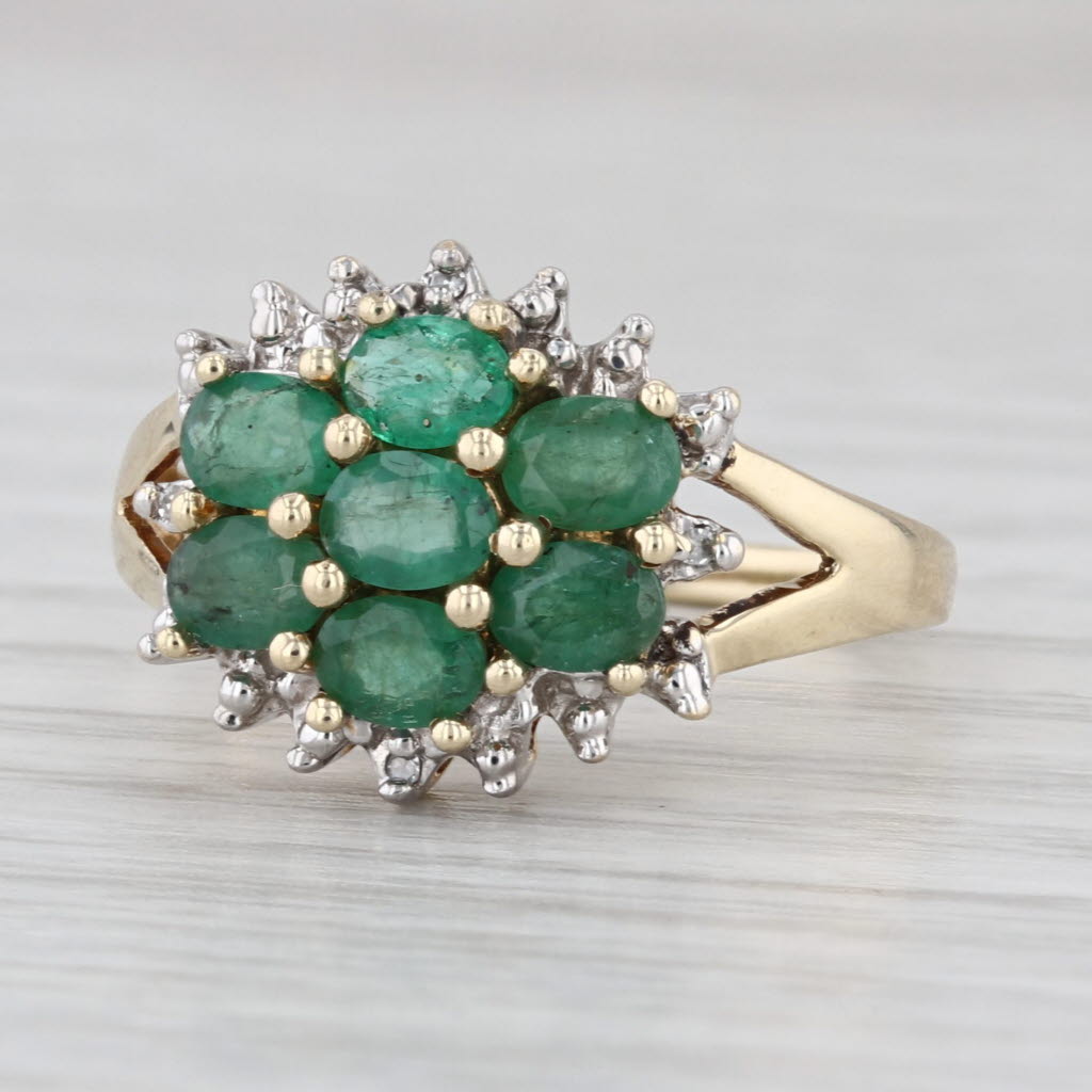 1.14ctw Emerald Diamond Cluster Ring 10k Yellow Gold Size 7 Cocktail