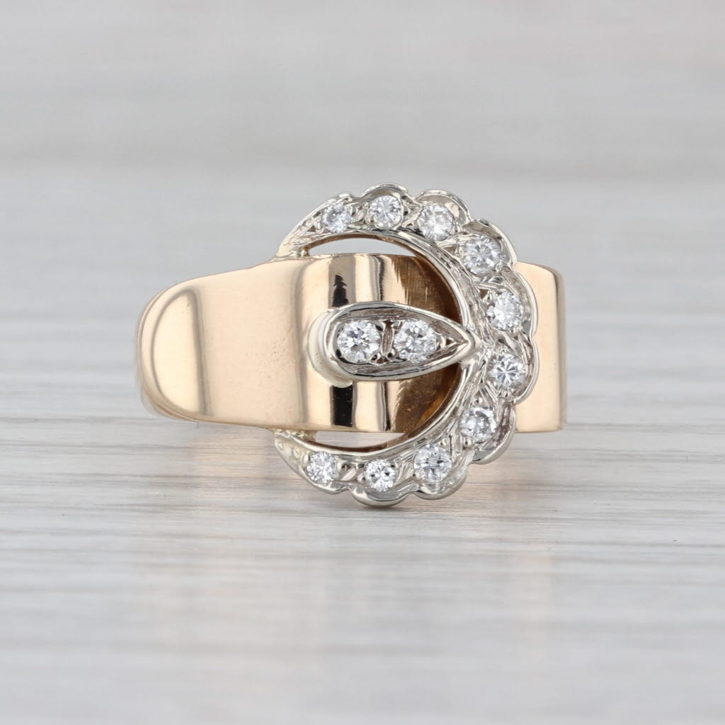 0.22ctw Diamond Belt Buckle Ring 14k Yellow White Gold Size 5.5