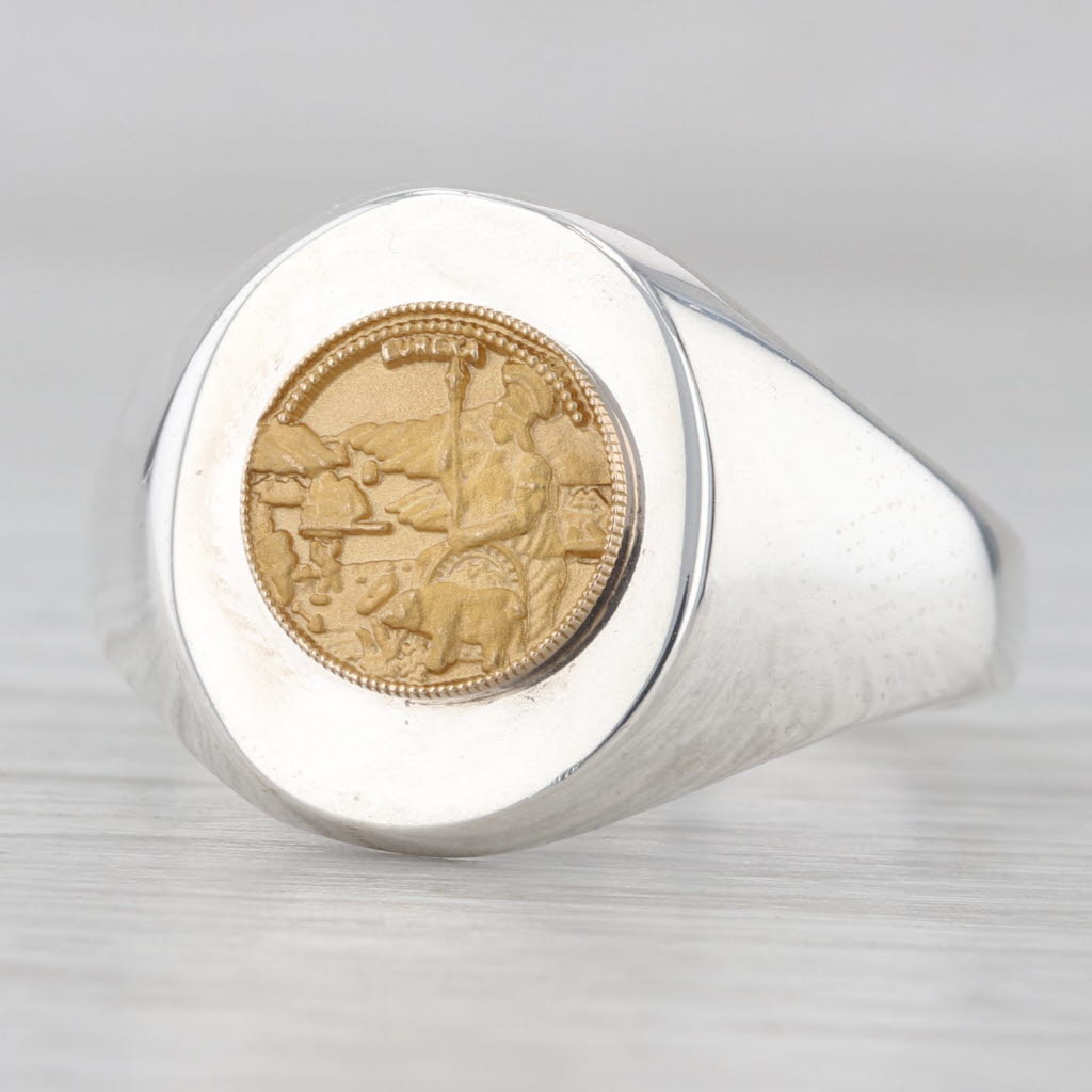 Light Gray Eureka Coin Signet Ring Sterling Silver 14k Gold Size 12 Men's