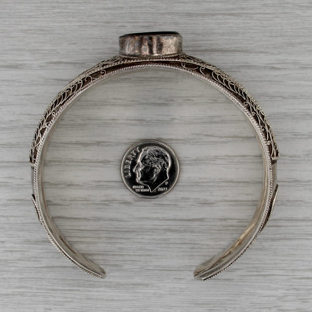 Vintage Onyx Ornate Cuff Bracelet Sterling Silver Statement 7.75"