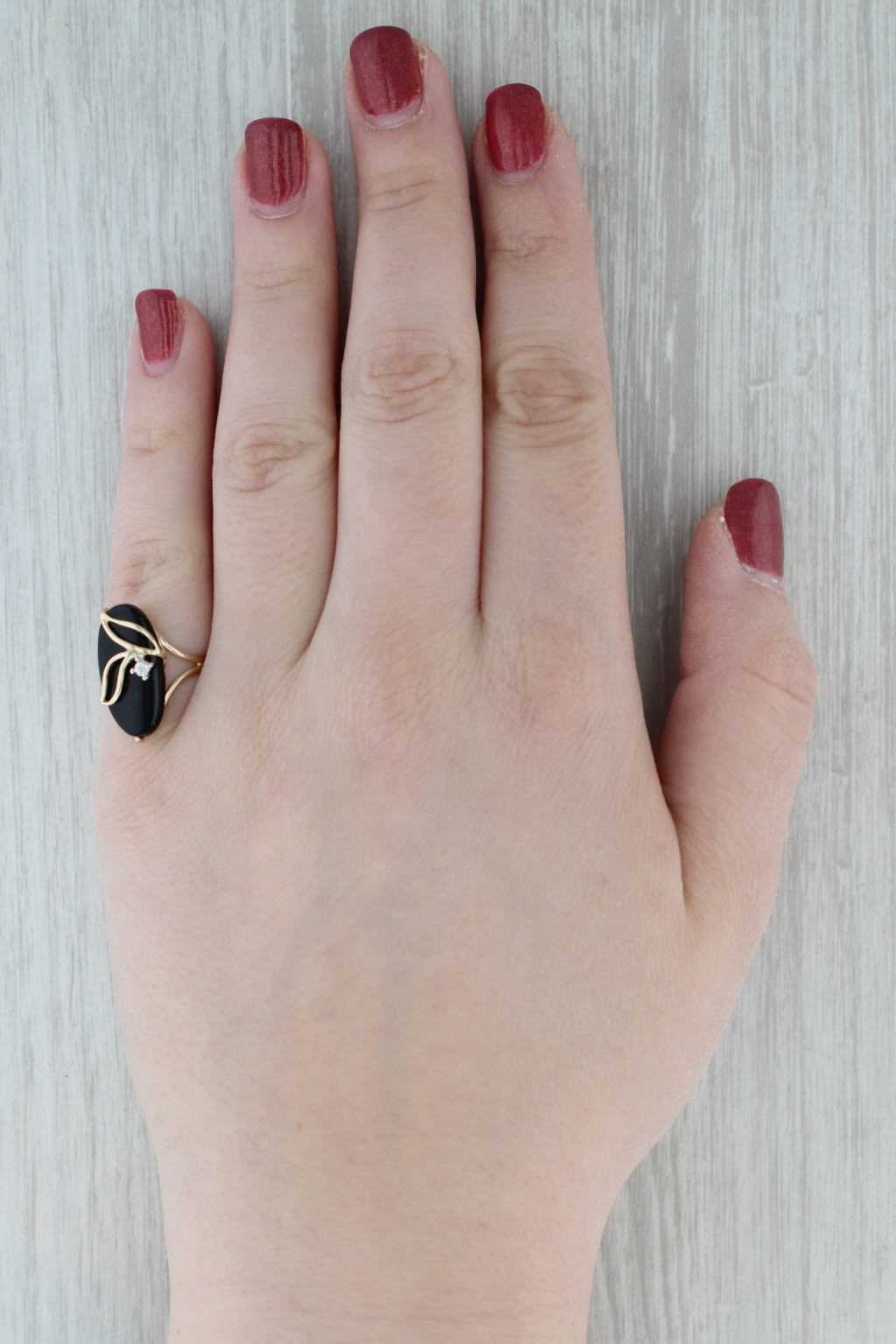 Dark Gray Onyx Diamond Flower Ring 14k Yellow Gold Size 6.25