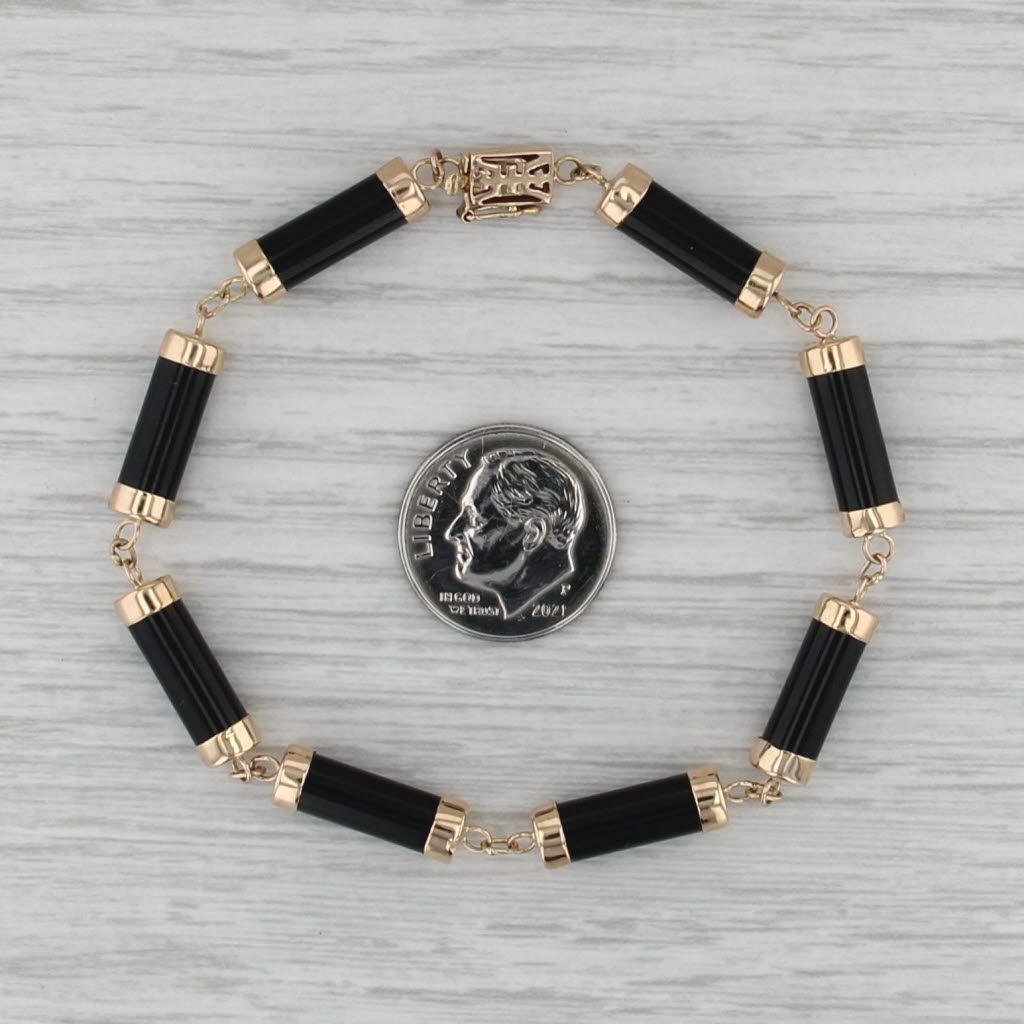 Onyx Tube Link Bracelet 14k Yellow Gold 7" 5.3mm Longevity Chinese Character