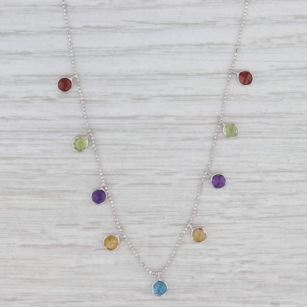 Light Gray 2.48ctw Gemstone Fringe Necklace 14k Gold 16" Bead Chain Garnet Peridot Amethyst