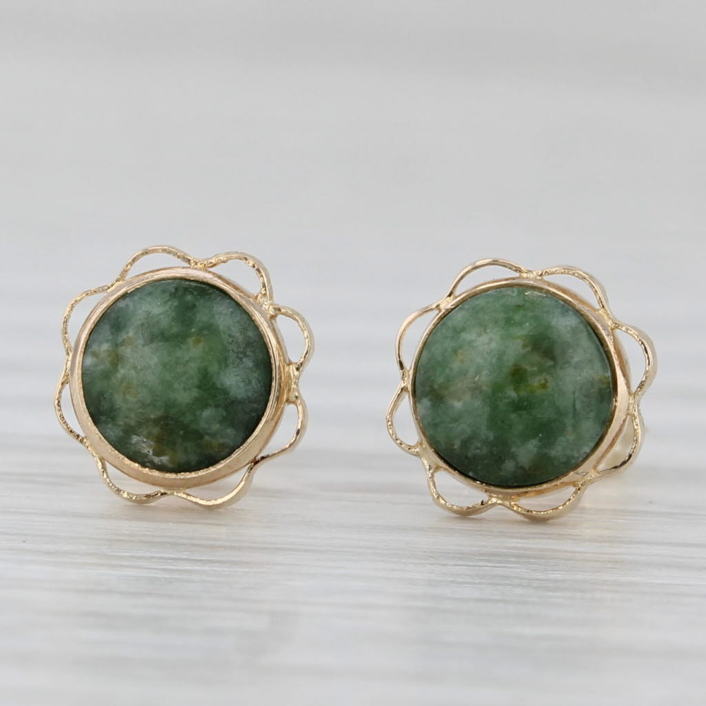 Light Gray Green Nephrite Jade Stud Earrings 10k Yellow Gold Round Cabochon Solitaires