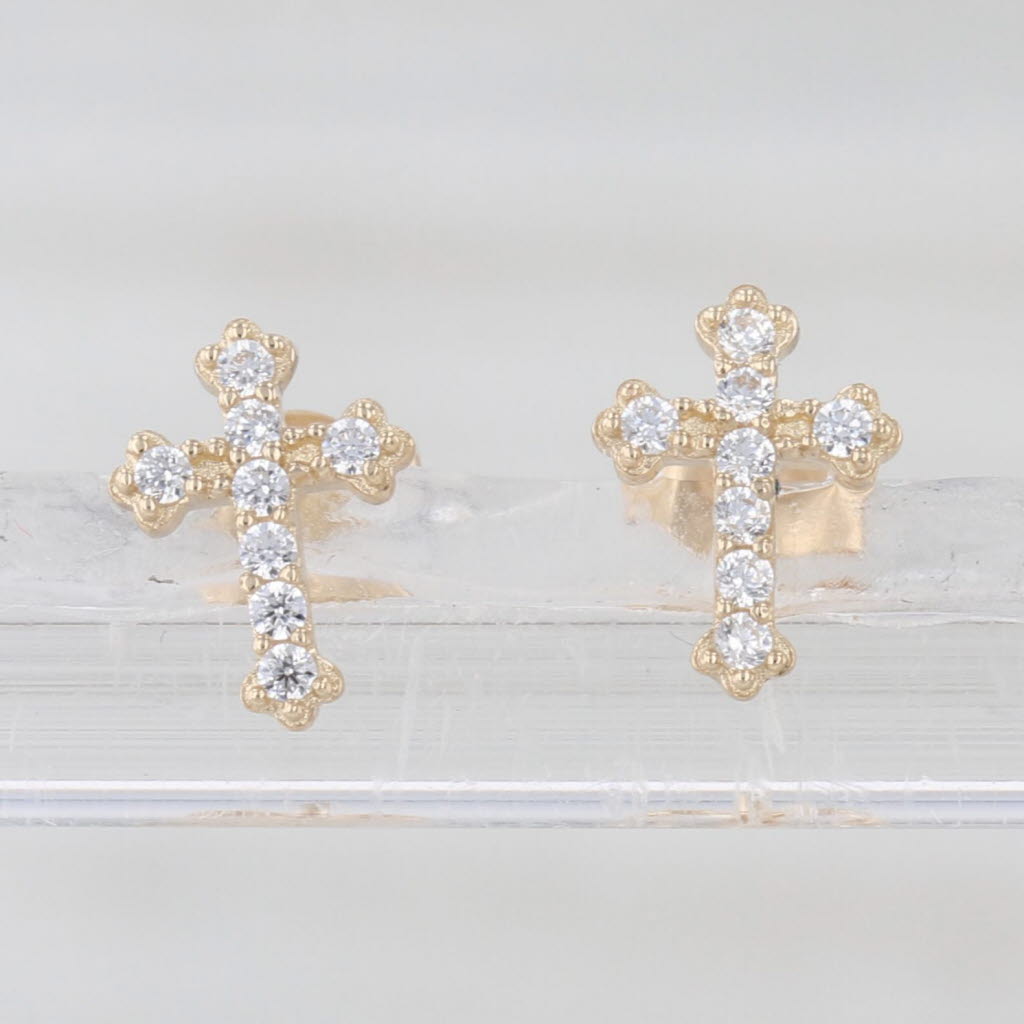 Small Cubic Zirconia Cross Stud Earrings 14k Yellow Gold Studs