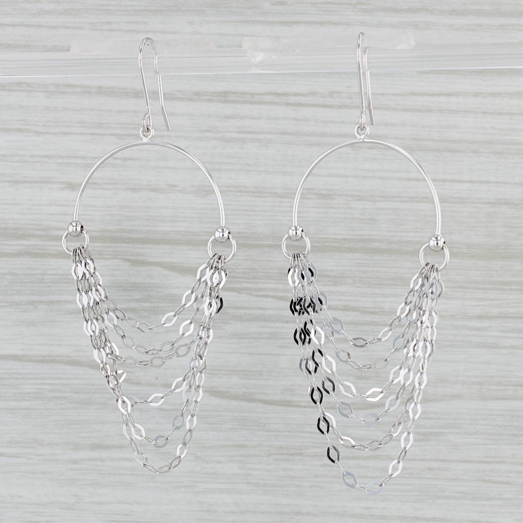Gray Chain Dangle Hoop Earrings 18k White Gold Hook Posts Round Hoops