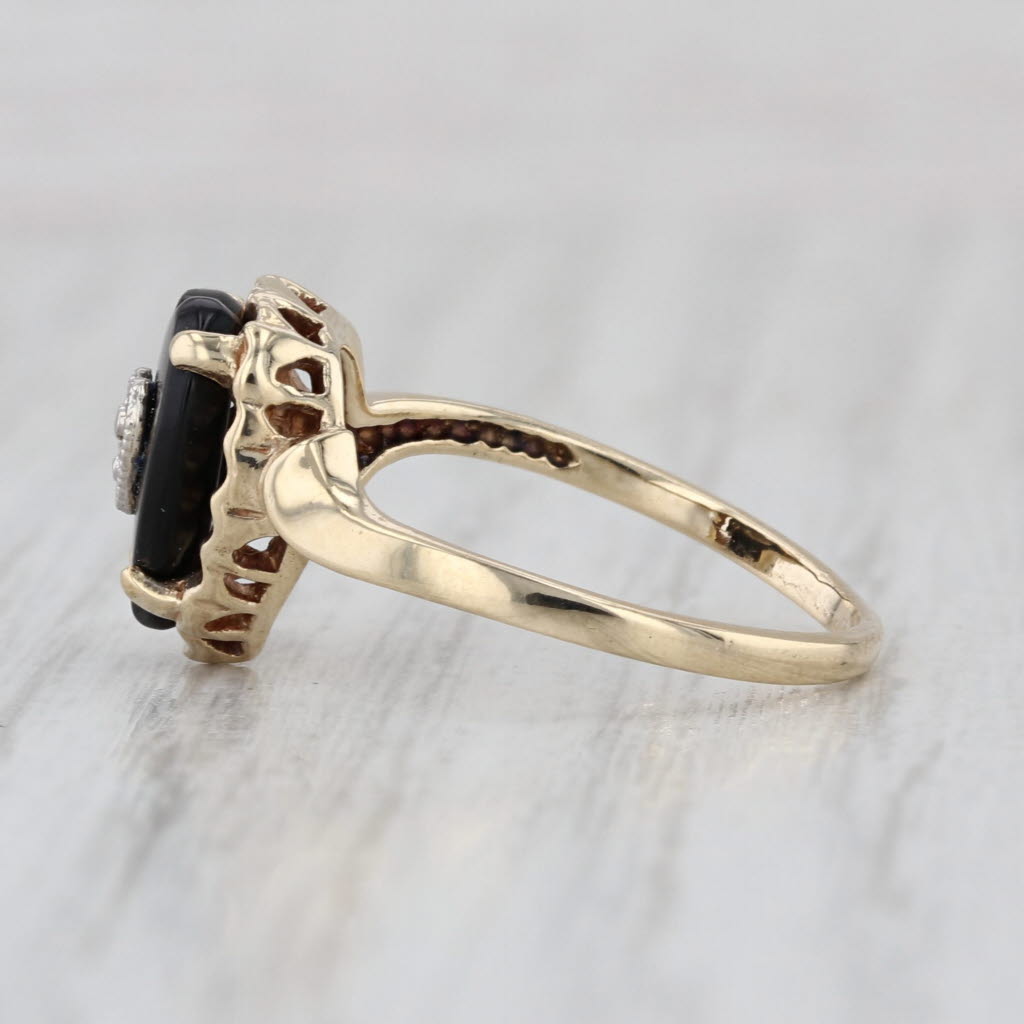 Vintage Onyx Heart Diamond Signet Ring 10k Yellow Gold Size 6