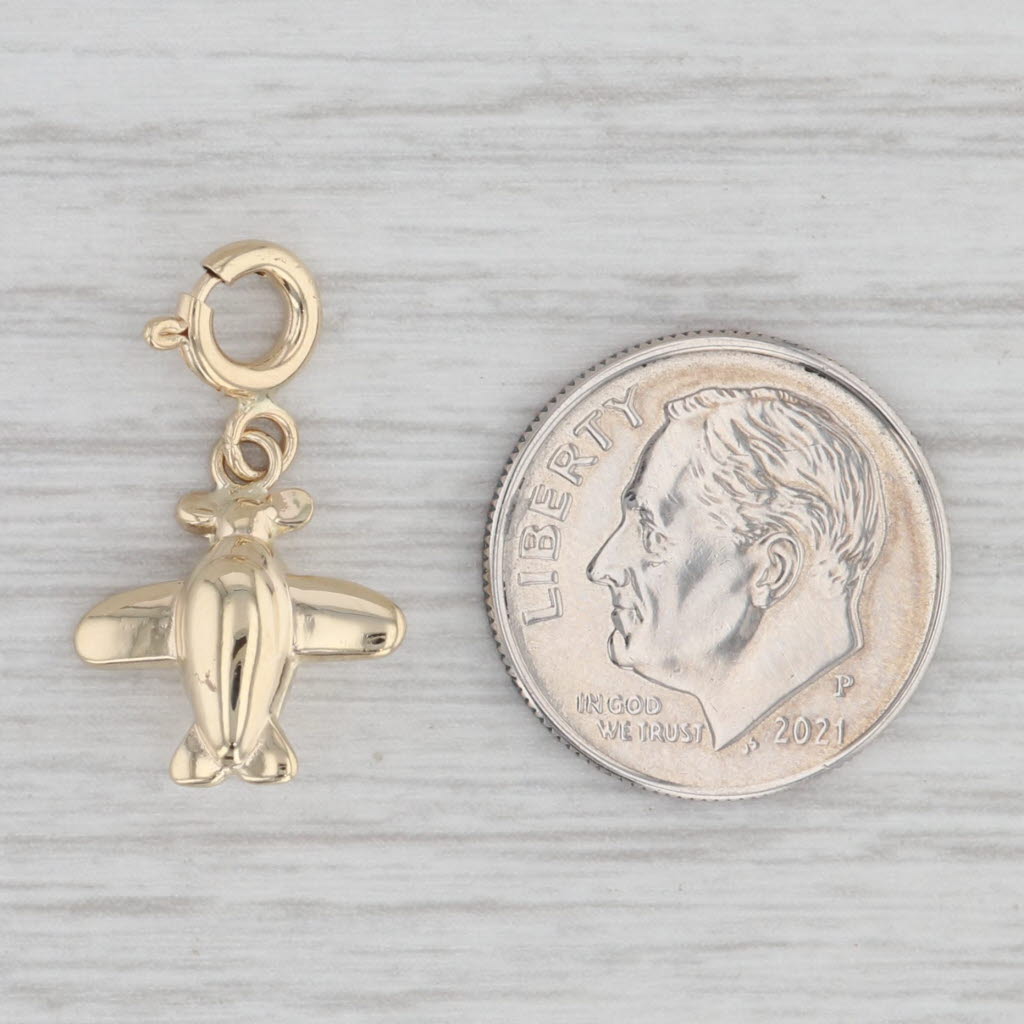 Gray Airplane Charm 14k Yellow Gold Pilot Travel Themed Pendant
