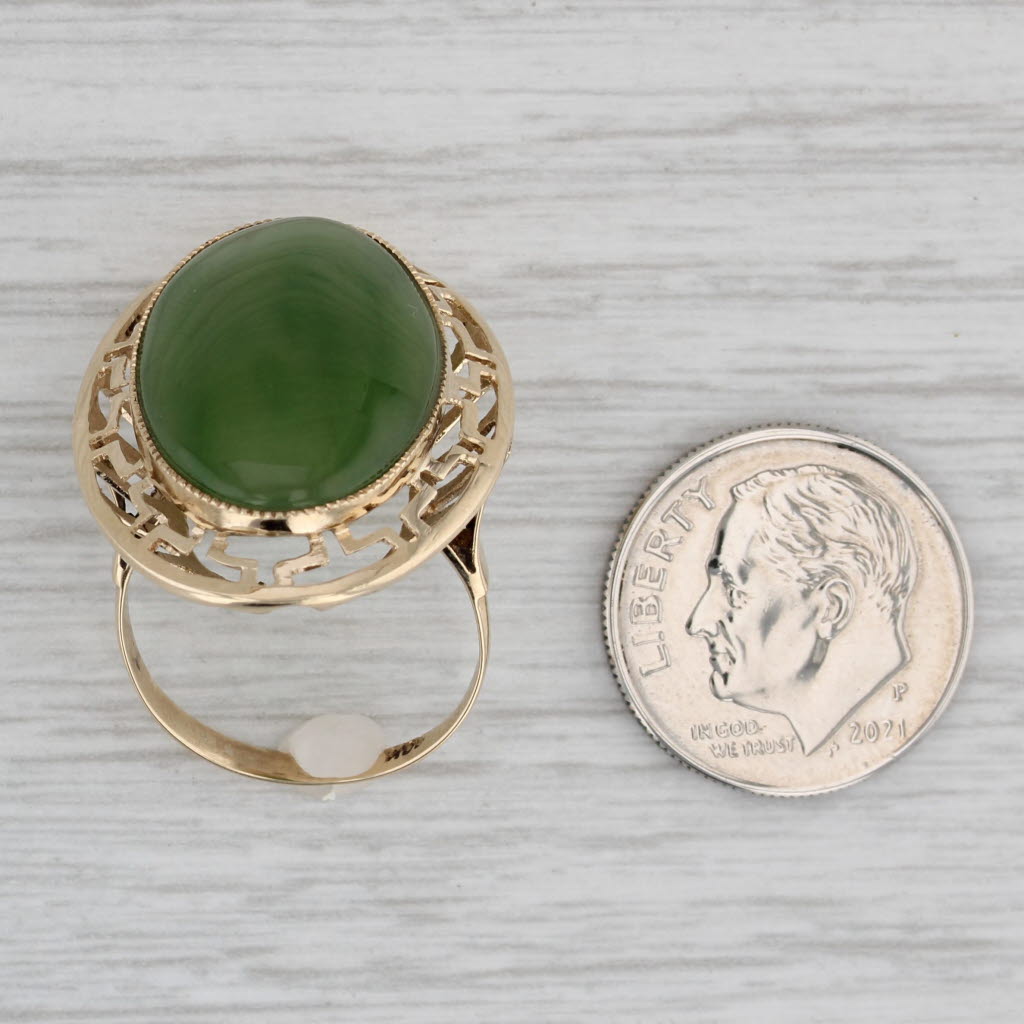 Gray Green Nephrite Jade Greek Key Halo Ring 14k Yellow Gold Size 6 Oval Cabochon