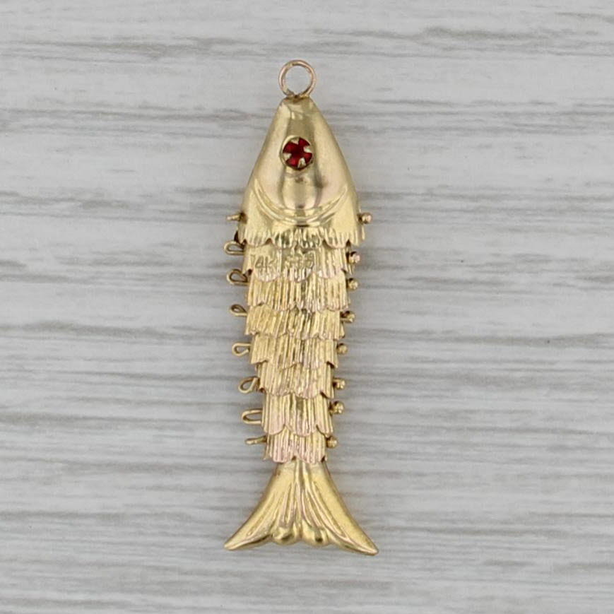 Articulating Fish Pendant 14k Yellow Gold Charm Red Glass Eye