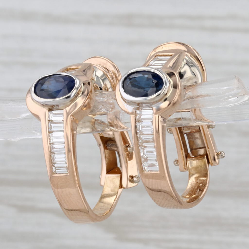 2.34ctw Blue Sapphire Diamond J-Hoop Hoop Earrings 18k Rose Gold Omega Backs