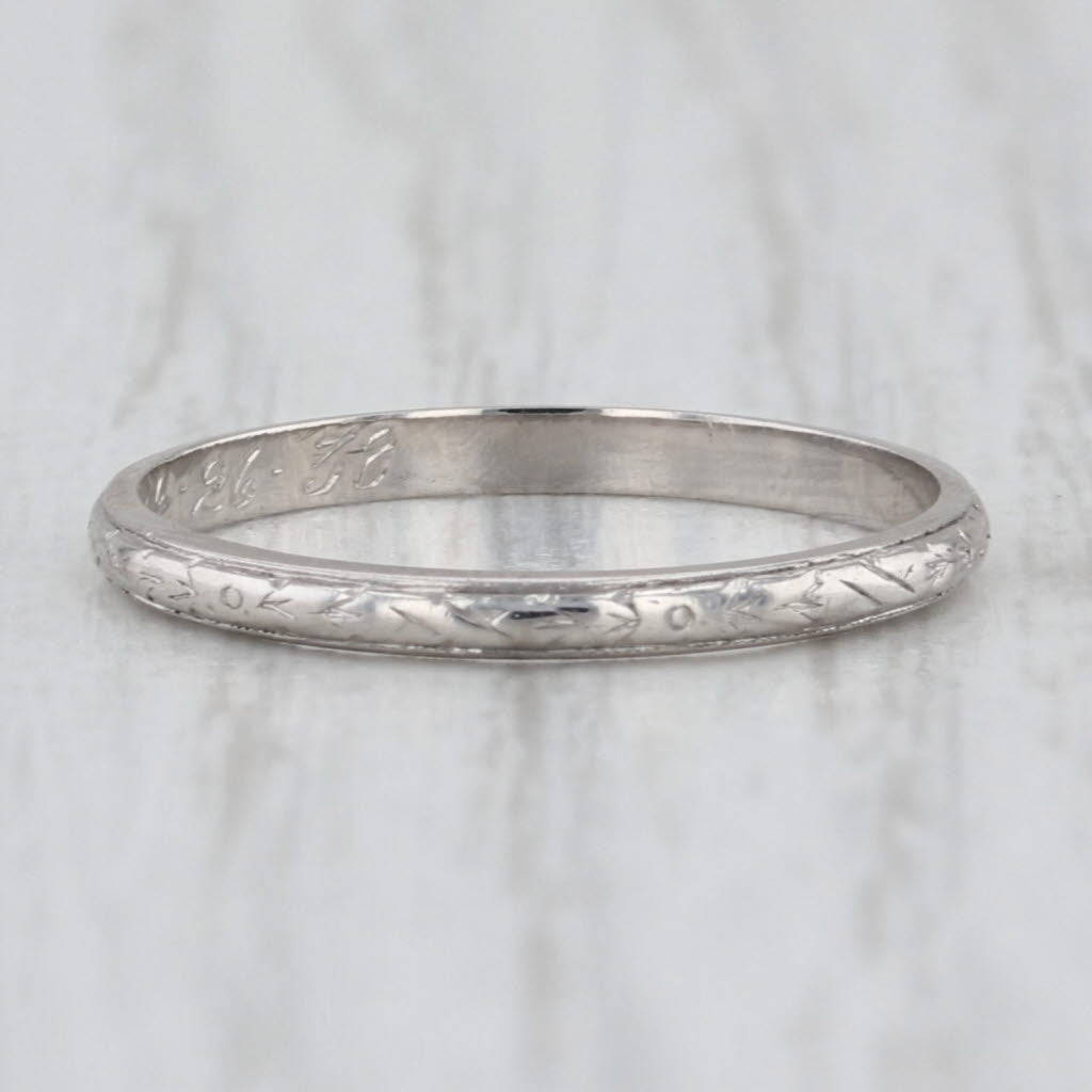 Art Deco Floral Etched Wedding Band Platinum Ring Size 5.5 Stackable