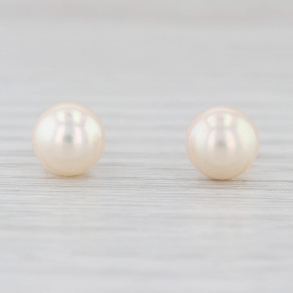 7.3mm Cultured Pearl Stud Earrings 14k Yellow Gold Round Solitaire Studs