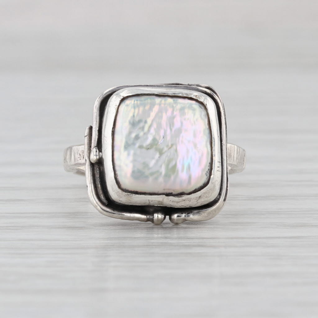 Bezel Set Cultured Pearl Solitaire Ring Sterling Silver Size 6.5