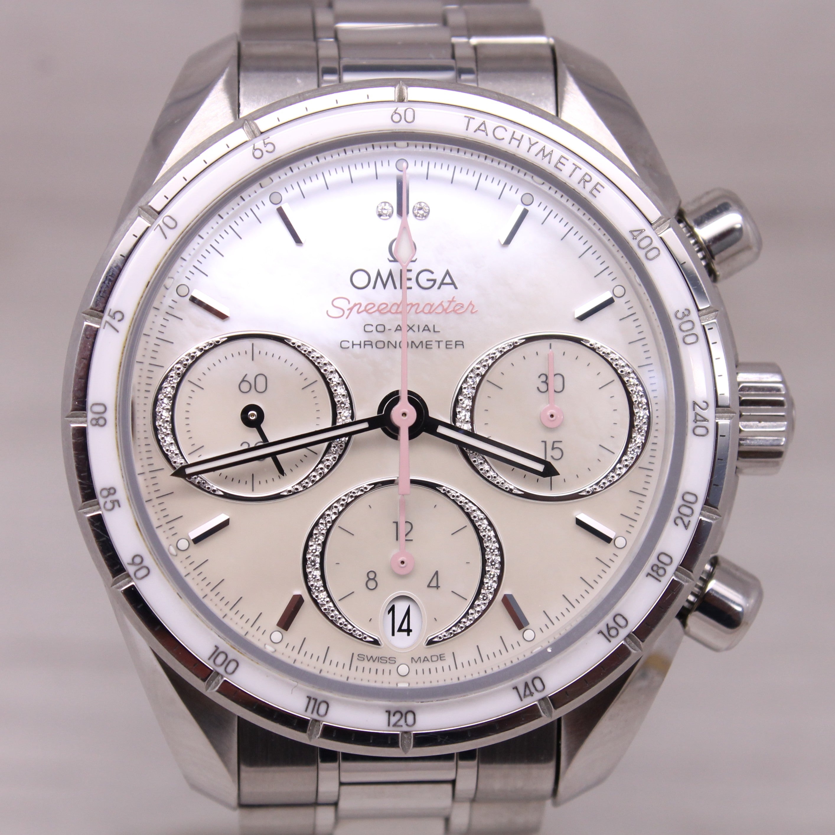 Omega Speedmaster 38mm Automatic Chronograph Watch Pink MOP Diamond Box Cards