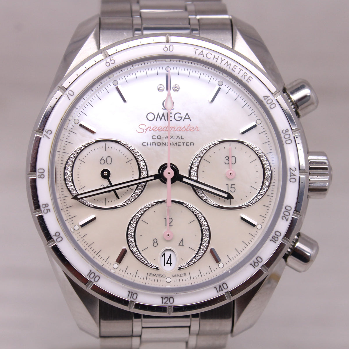 Omega Speedmaster 38mm Automatic Chronograph Watch Pink MOP Diamond Box Cards