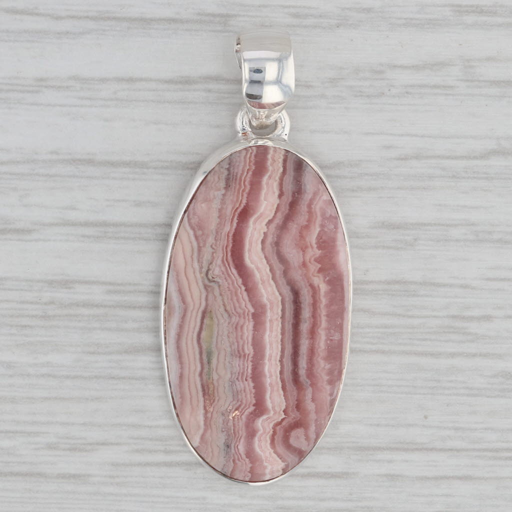 Gray Marbled Red Rhodochrosite Oval Cabochon Pendant Sterling Silver Statement