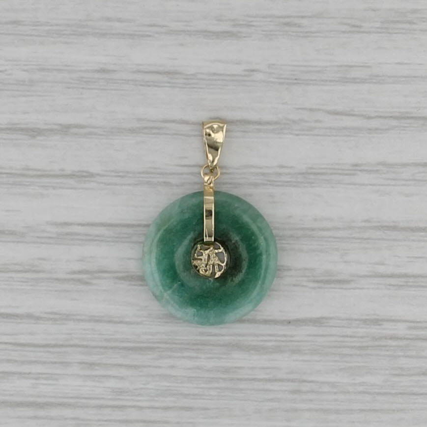 Green Jadeite Jade Hololith Torus Pendant 14k Yellow Gold Fu Wealth