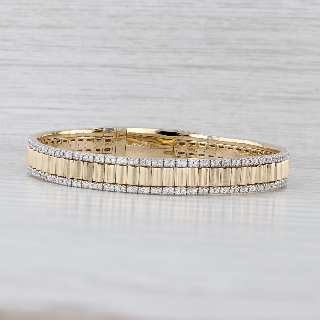 New 1ctw Diamond Beveled Flexible Bangle Bracelet 14k Yellow Gold 6.25" 7.8mm