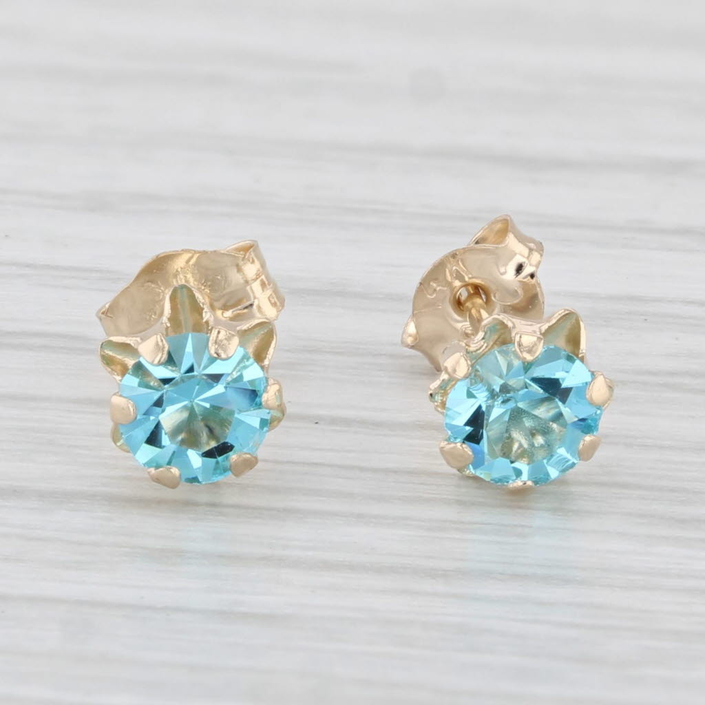 Light Gray Light Blue Glass Imitation Topaz Stud Earrings 14k Yellow Gold Studs