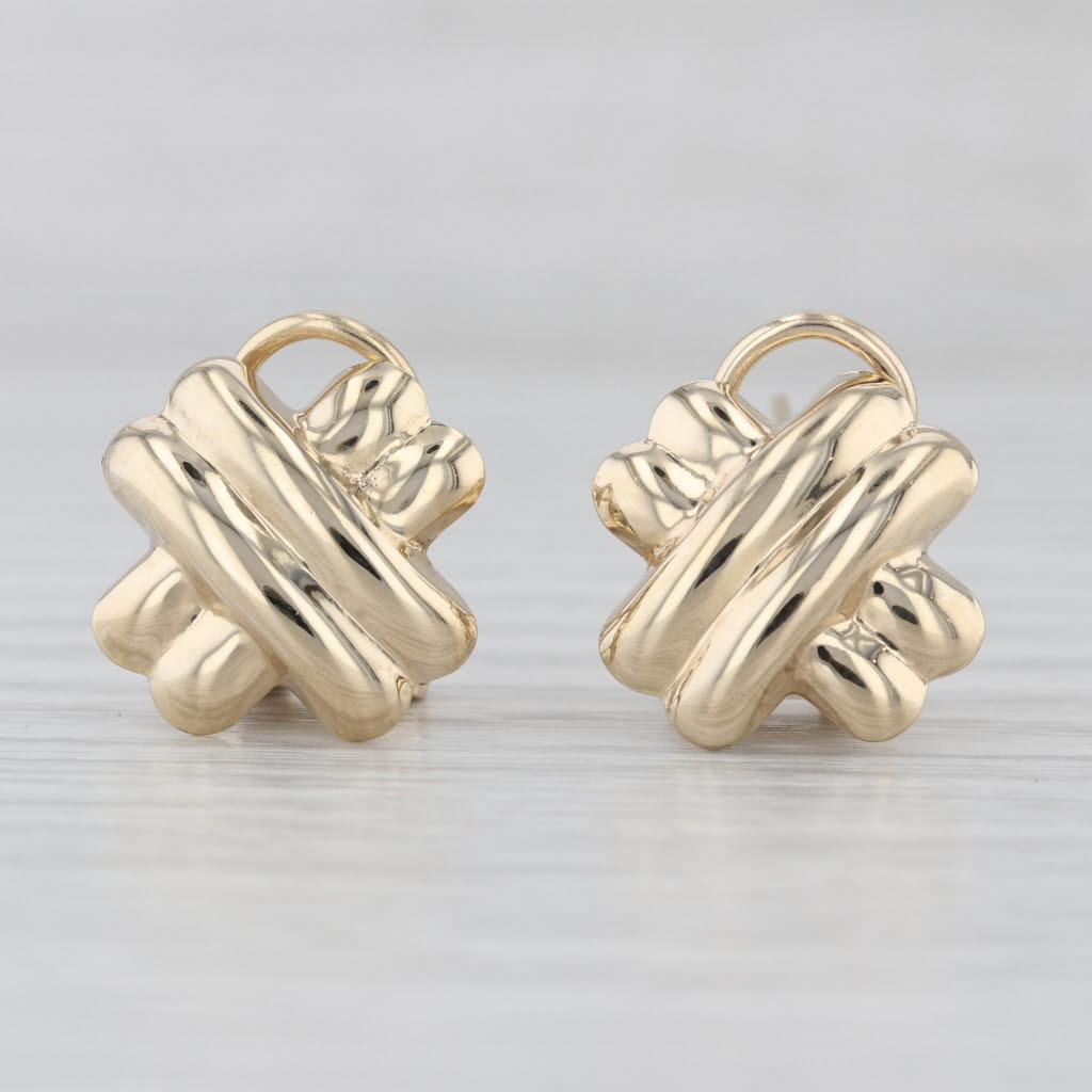 Beveled Knot X Earrings 14k Yellow Gold Omega Back Drops