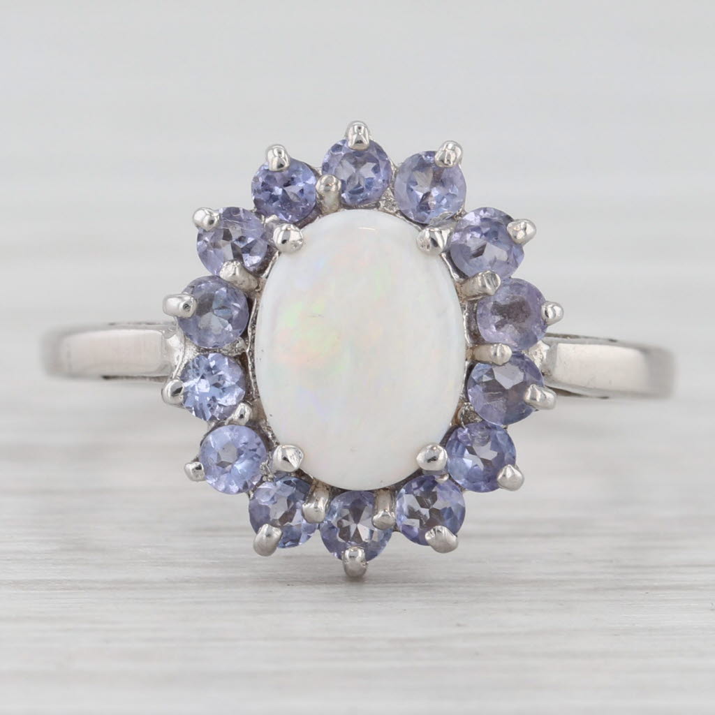 Light Gray Oval Opal Cabochon Tanzanite Halo Ring 14k White Gold Size 6.75