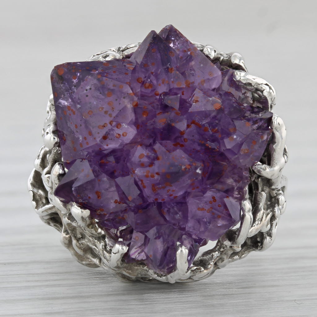 Gray Vintage Amethyst Crystal Ring Sterling Silver Size 7.5 Statement Cocktail Gothic