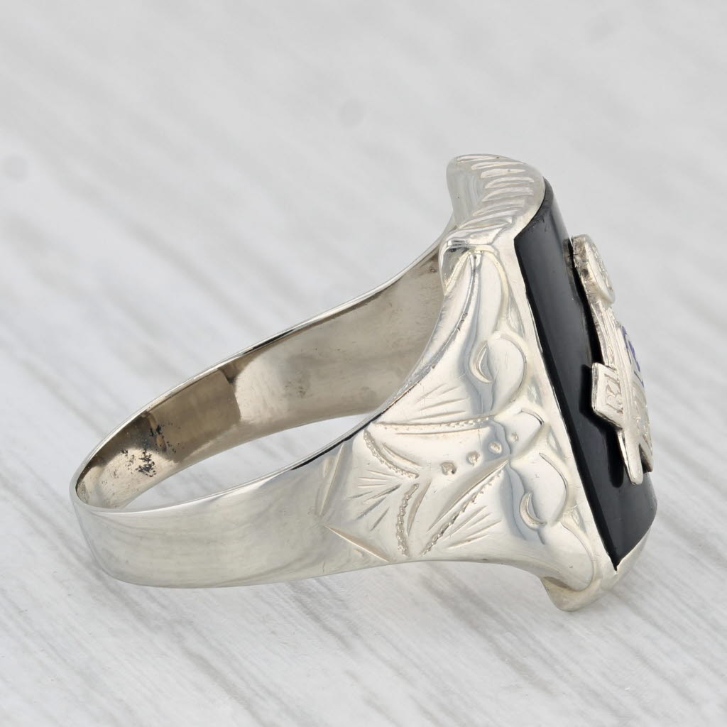 Light Gray Onyx Masonic Signet Ring 14k White Gold Square Compass Blue Lodge Size 9.5