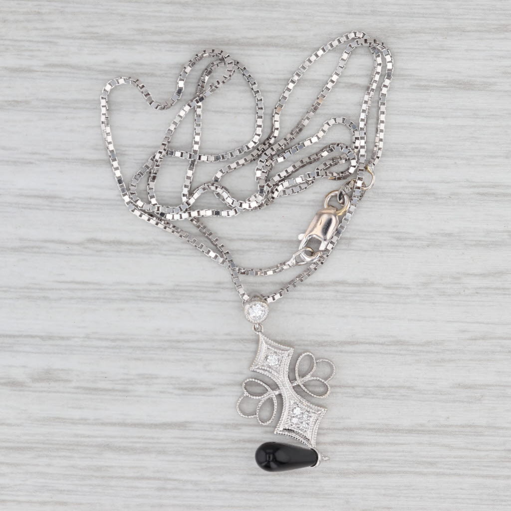 Diamond Onyx Pendant Necklace 14k White Gold 17" Box Chain