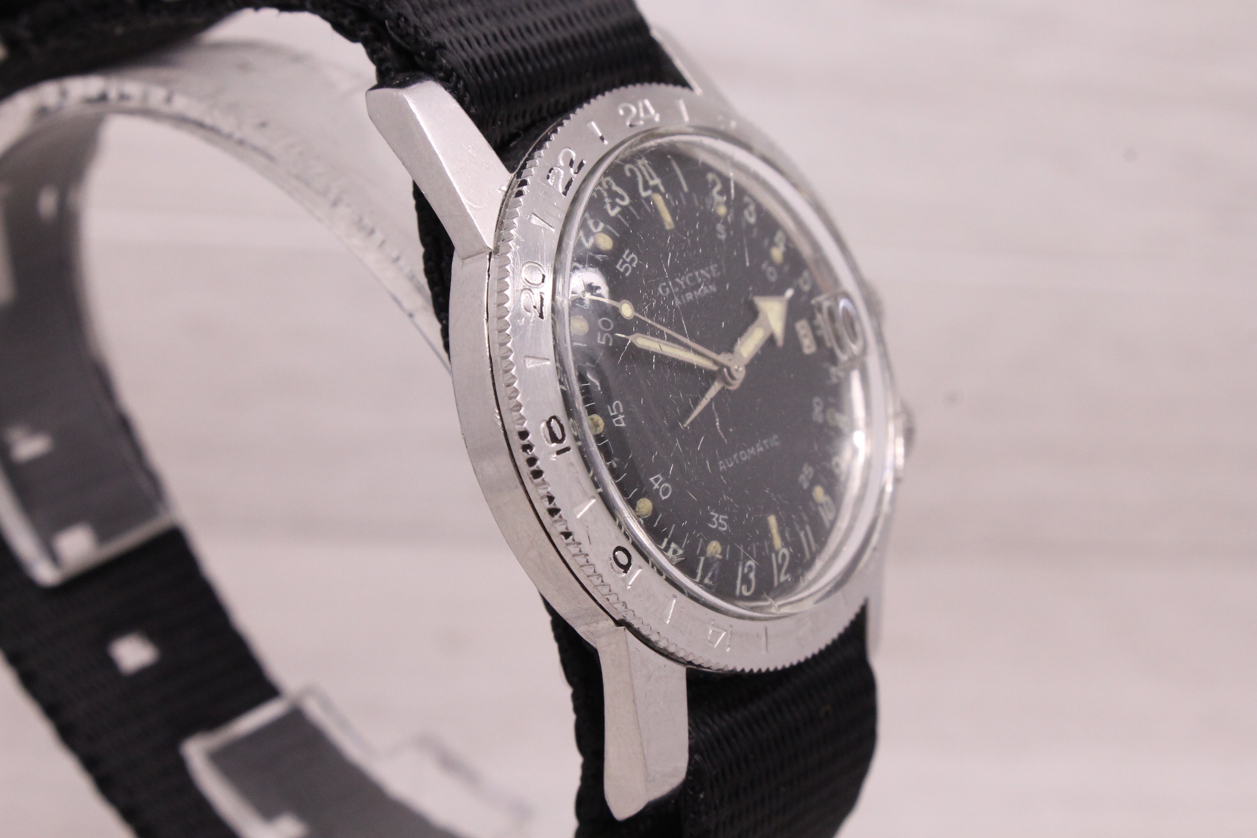 Gray Vintage 1960's Glycine Airman 36mm Steel Automatic 24 Hour Mens Watch