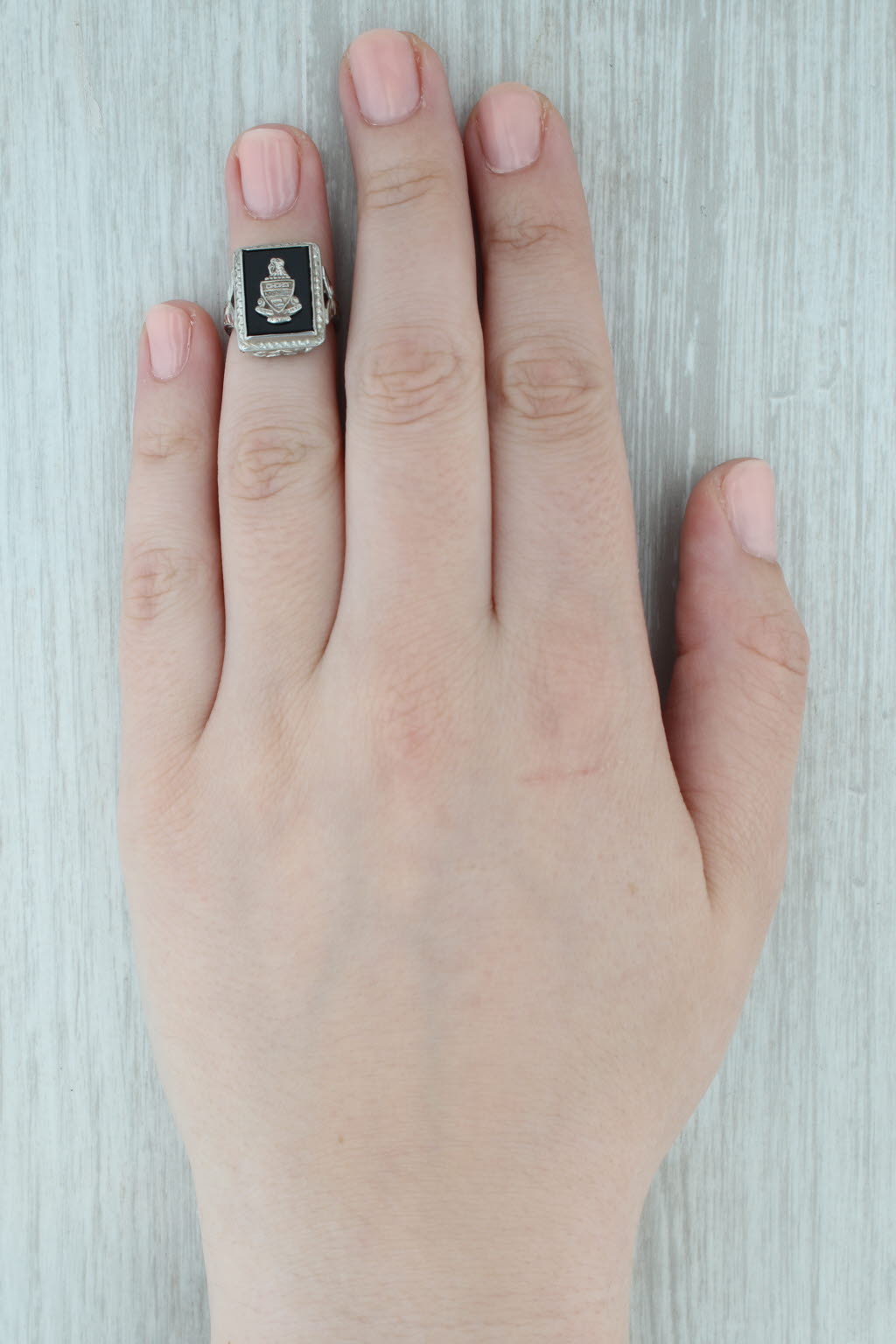 Gray Vintage Kappa Alpha Theta Onyx Sorority Signet Ring 14k White Gold Size 4