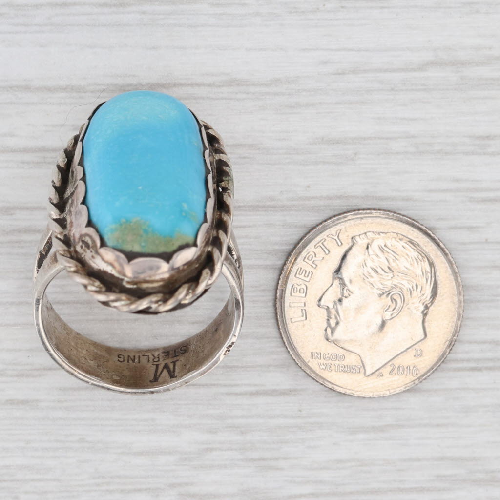 Light Gray Vintage Native American Oval Turquoise Cabochon Ring Sterling Silver Stamped