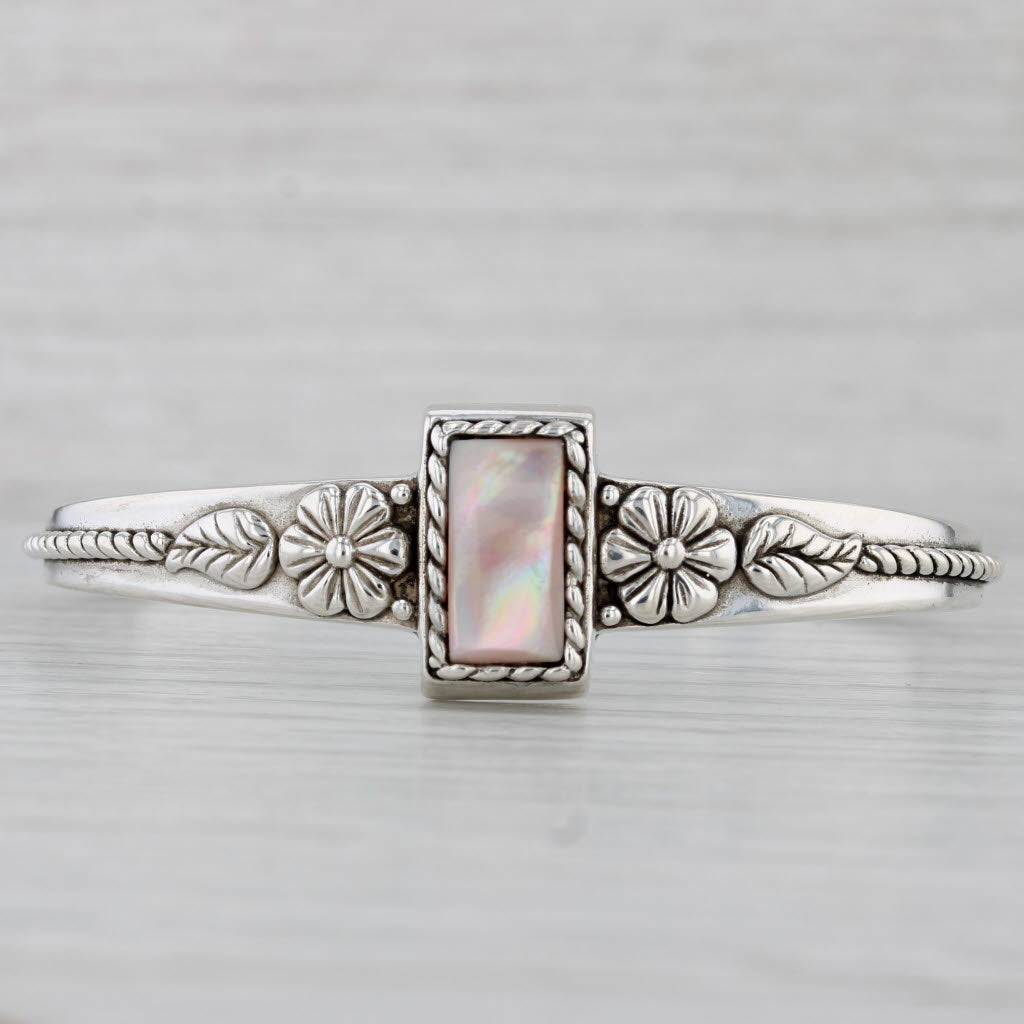 Gray Pink Mother of Pearl Floral Cuff Bracelet Sterling Silver Relio Southwestern 7"