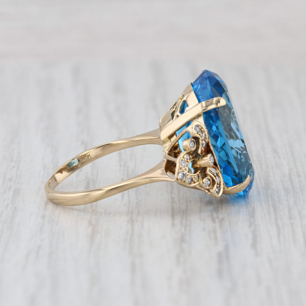 22.66ctw Oval Blue Topaz Diamond Cocktail Ring 14k Yellow Gold Size 8.75