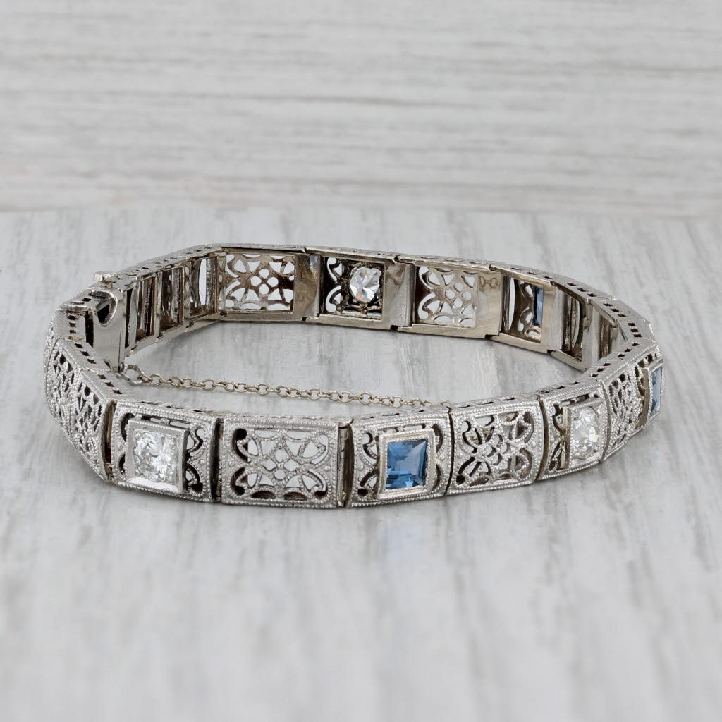 Gray Art Deco Filigree Lab Created Sapphire Diamond Bracelet 14k Gold Platinum