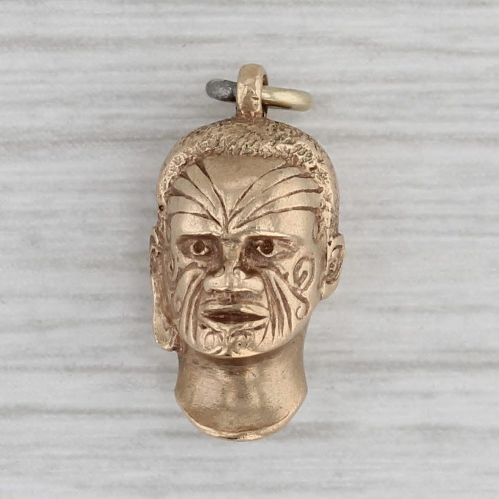 Gray Vintage Maori Tribal Head Charm 9k Yellow Gold 3D Pendant Souvenir