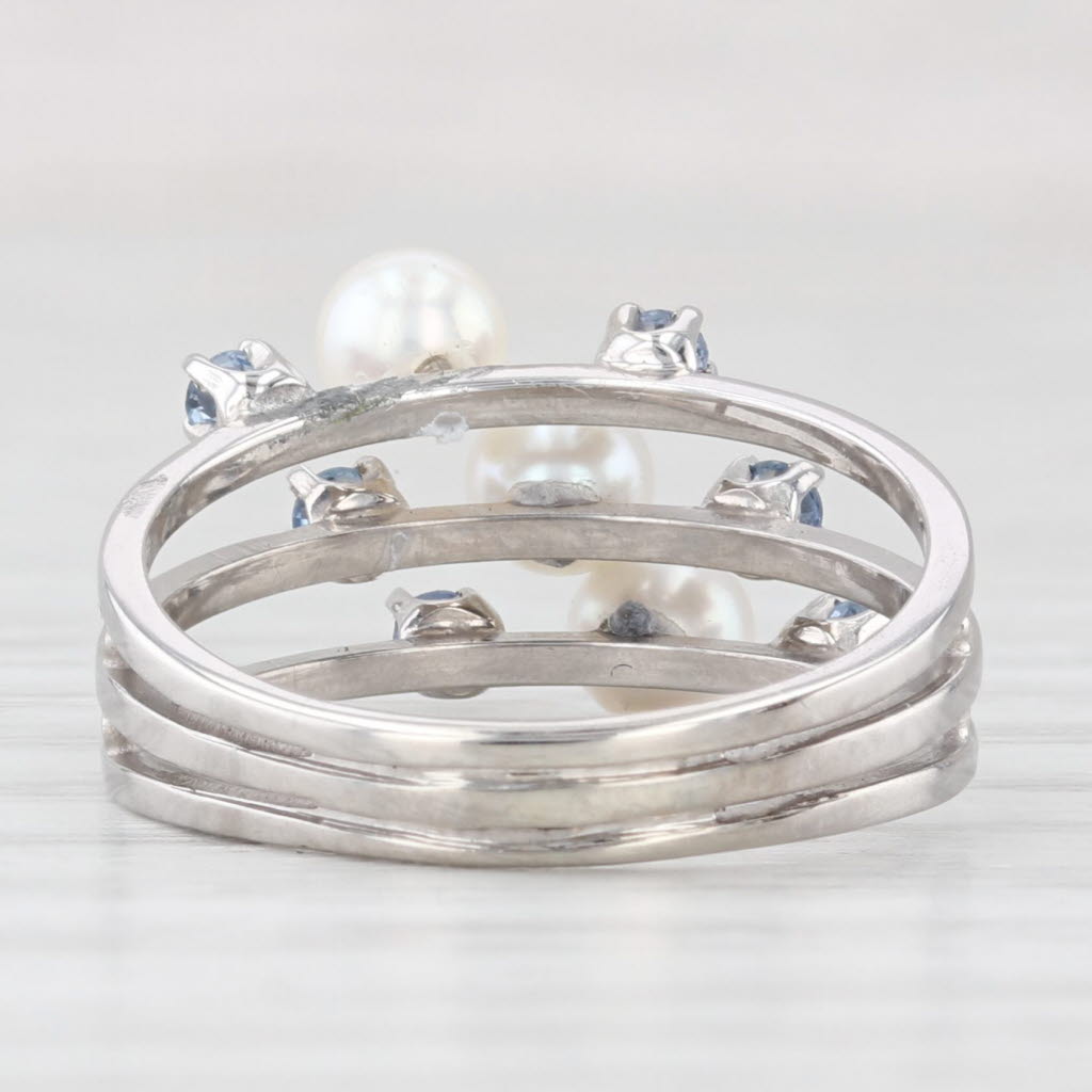 Light Gray Cultured Pearl 0.30ctw Blue Sapphire Multiband Ring 14k White Gold Size 5.75