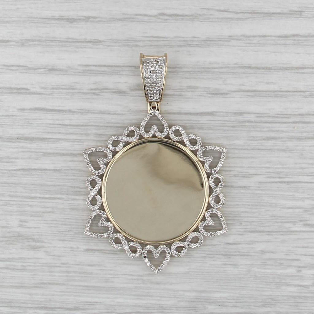 New 0.97ctw Diamond Hearts Medallion Pendant 10k Gold Engravable Photo Holder