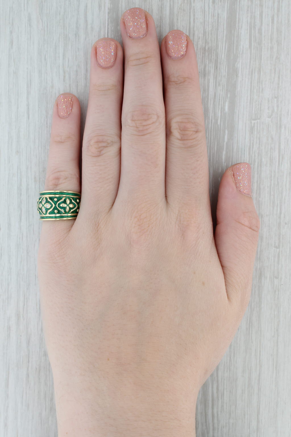 Gray Diamond Green Enamel Flower Ring 14k Yellow Gold Size 6.5 Floral Statement Band