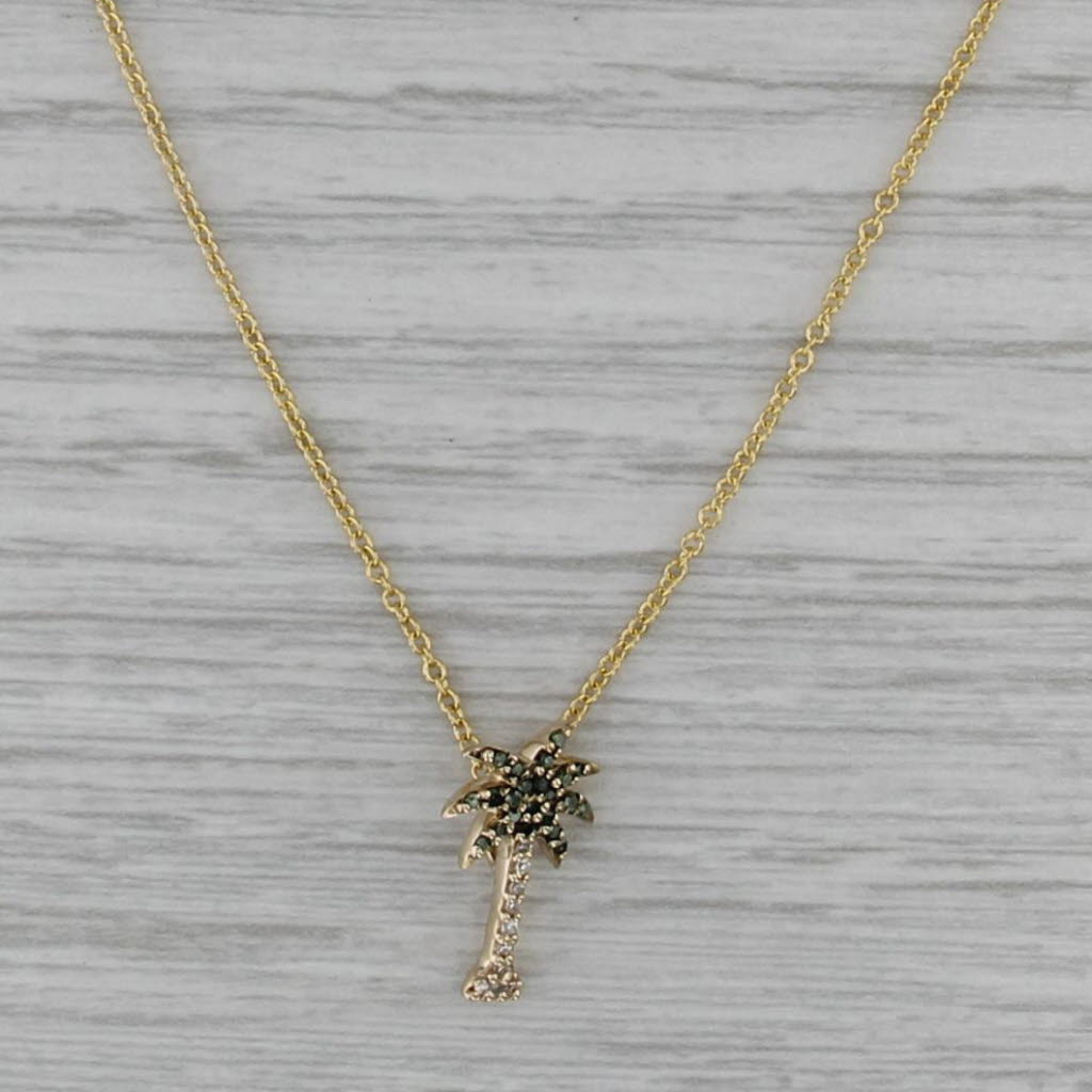 Green White Diamond Palm Tree Pendant Necklace 14k Gold 16" 18" Cable Chain