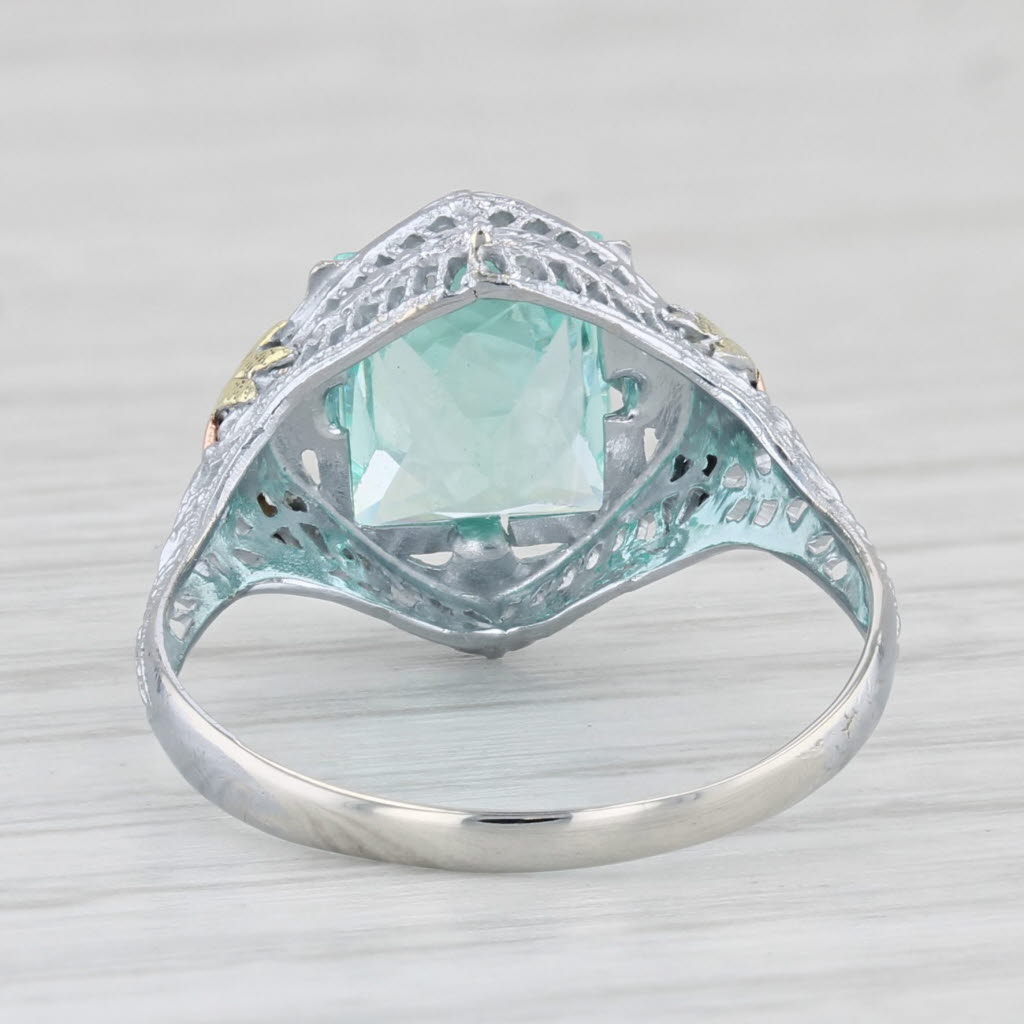 Light Gray Vintage Lab Created Green Spinel Ring 10k White Gold Filigree Size 6.25