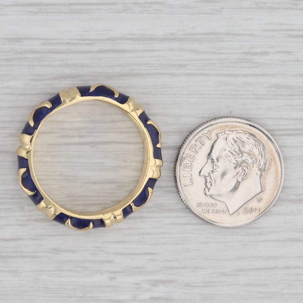 Gray Stackable Blue Enamel X Pattern Ring 18k Yellow Gold Band