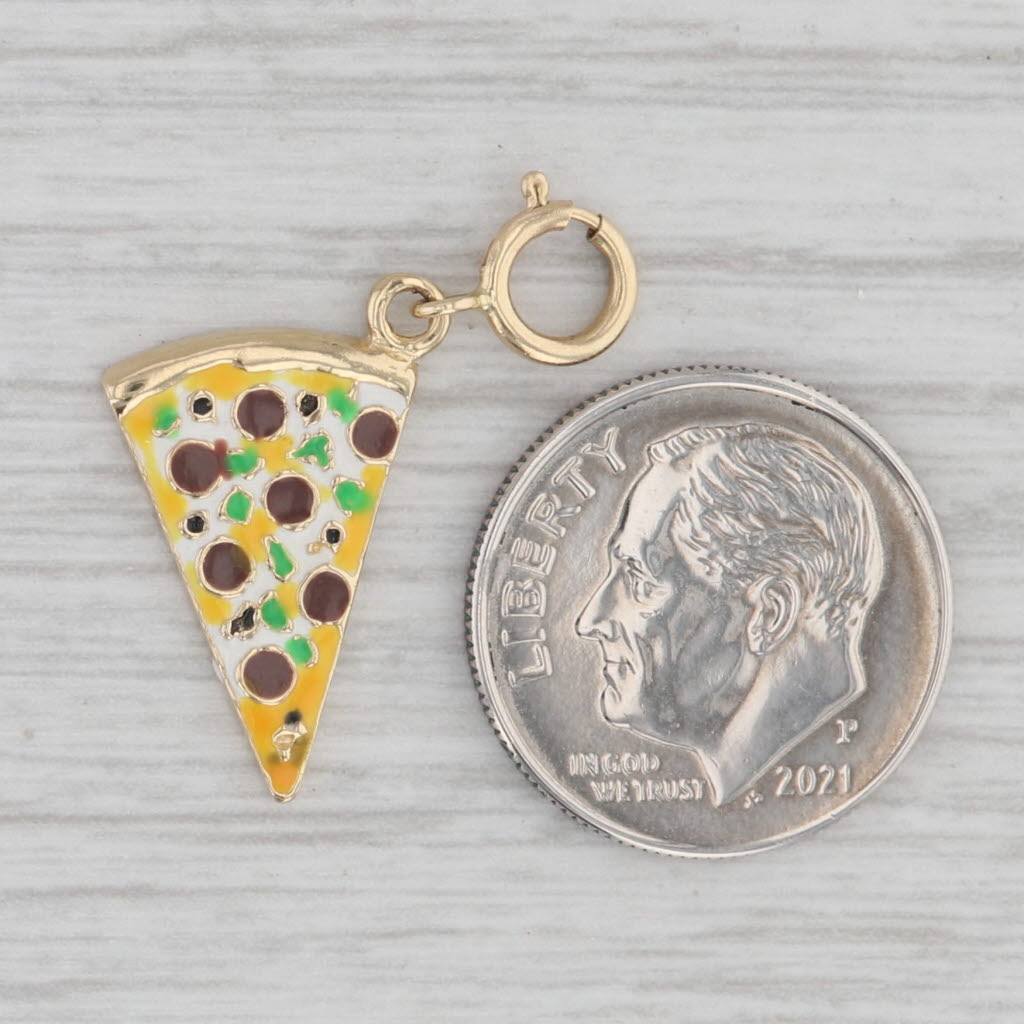 Gray Pizza Slice Charm 14k Yellow Gold Enamel Food Themed Pendant