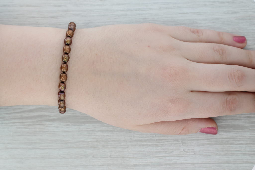 Gray Bronze Brown Cultured Pearl Single Strand Bead Bracelet 7" Stretch Band