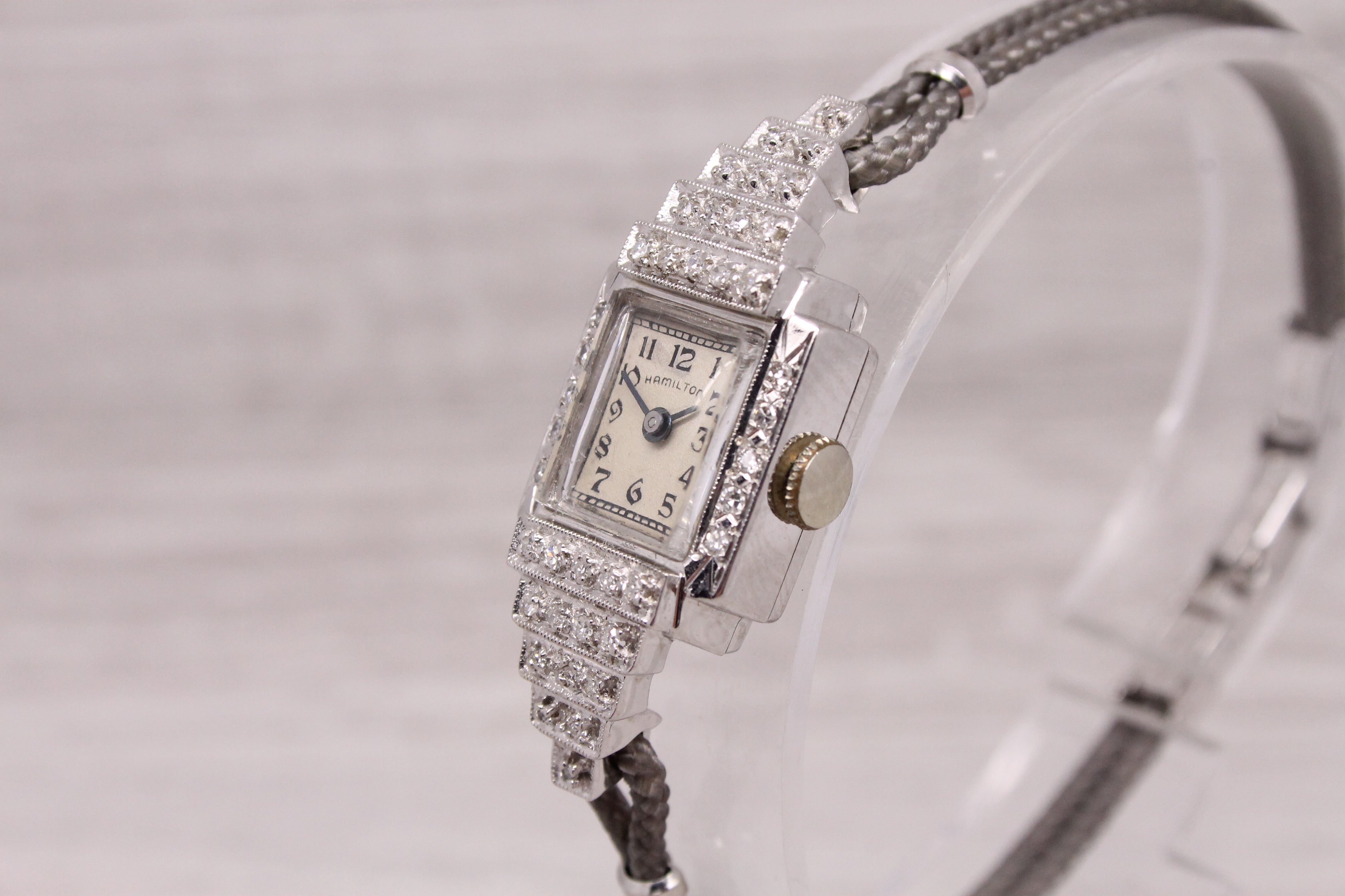 Gray Vintage c.1950s Hamilton 14k White Gold Diamond Ladies Watch 0.20ctw Stair Case