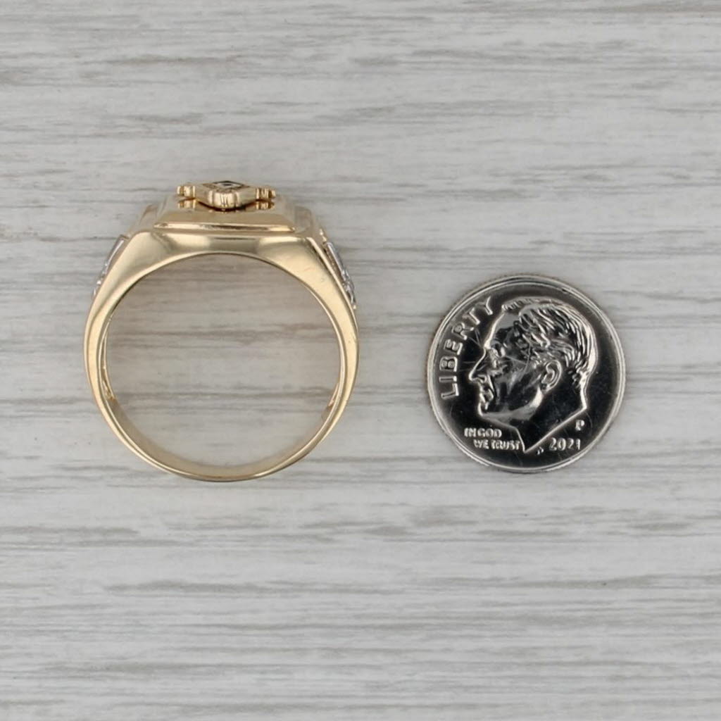 Masonic Ring 14k Yellow Gold Cubic Zirconia Blue Lodge Square Compass Size 11.25