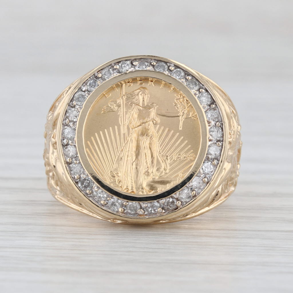 0.35ctw Diamond Halo American Gold Eagle Coin Ring 10k 22k Gold Size 12.5