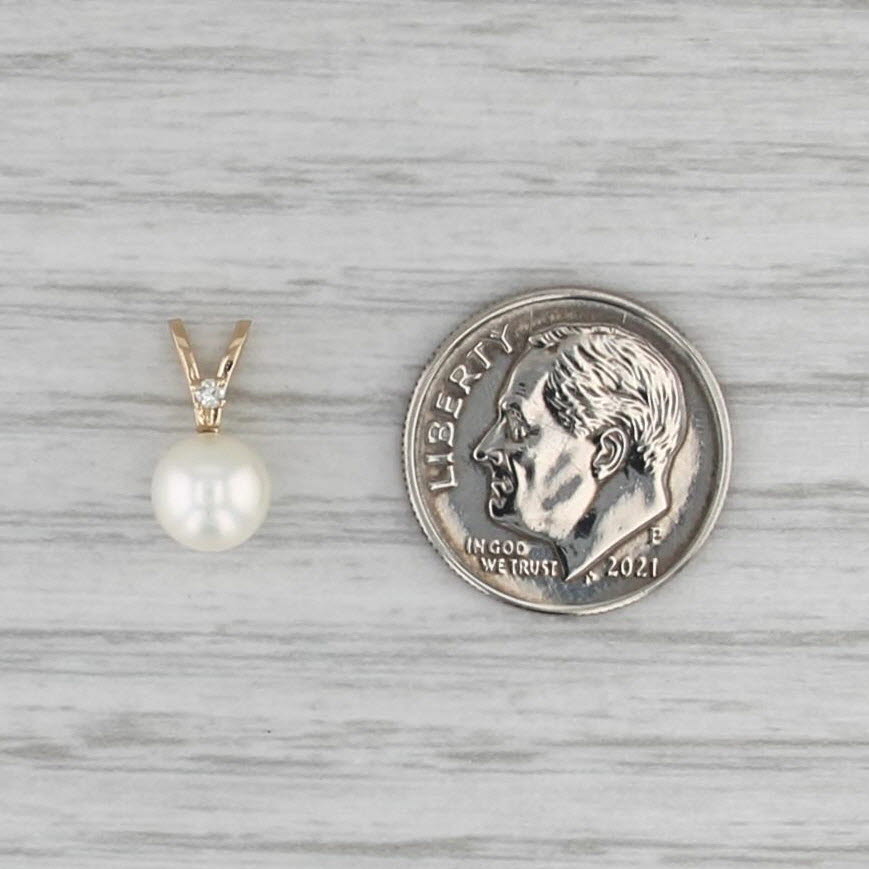 Saltwater Cultured Pearl Diamond Pendant 14k Yellow Gold Small Drop