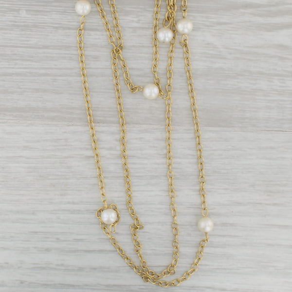 3-Chain Cultured Pearl Lariat Necklace 14k Yellow Gold Cable Chain 17"