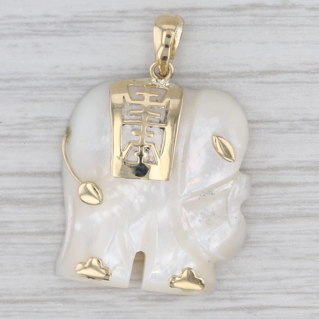 Mother of Pearl Elephant Pendant 14k Yellow Gold Chinese Character Longevity